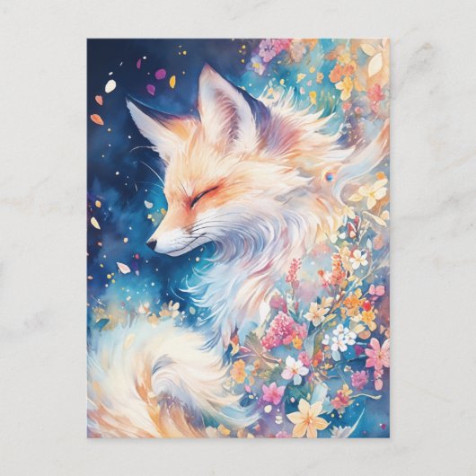Ethereal Red Fox in Blue Floral Night Postkarte (Vorderseite)