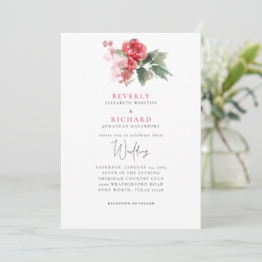 Ethereal Rote Blüte Elegante Hochzeit Einladung (Stehend Vorderseite)