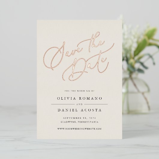 Ethereal Script Foil Save the Date Card Folieneinladung (Stehend vorne)