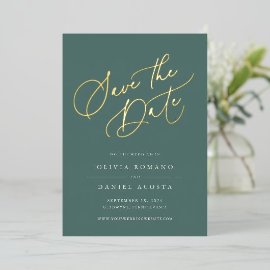 Ethereal Script Foil Save the Date Card Folieneinladung (Stehend vorne)