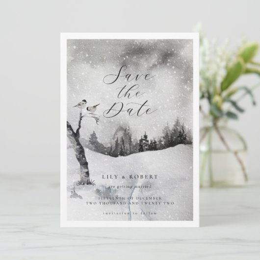 Ethereal Snowy Forest Winter Wedding Save The Date (Stehend Vorderseite)