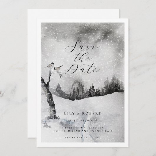 Ethereal Snowy Forest Winter Wedding Save The Date (Vorne/Hinten)