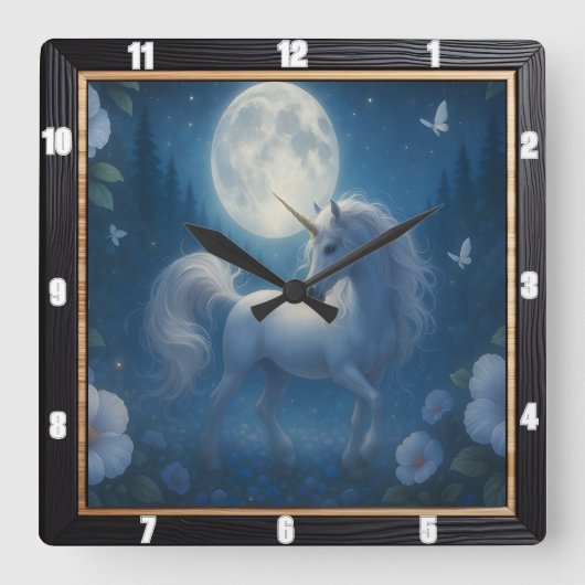 Ethereal Unicorn Butterfly Forest Quadratische Wanduhr (Vorderseite)