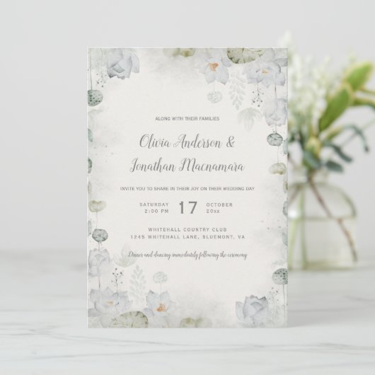 Ethereal Weißblütenstuck Grün Aquamarin Elfenbein Einladung (Stehend Vorderseite)