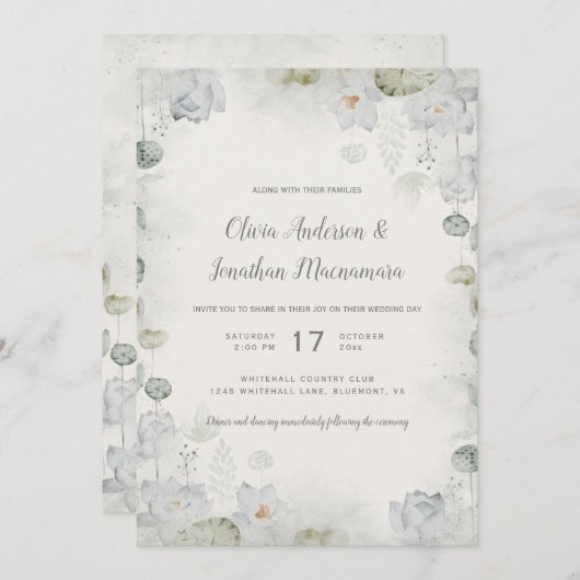 Ethereal Weißblütenstuck Grün Aquamarin Elfenbein Einladung (Vorne/Hinten)