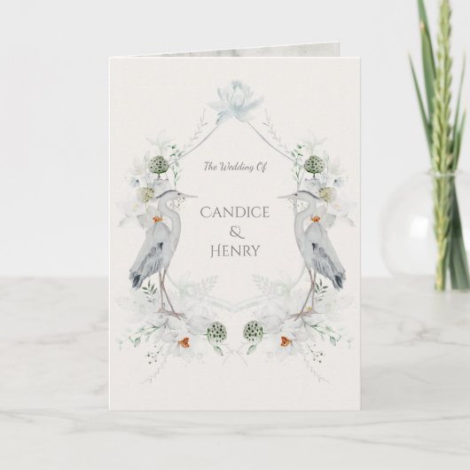 Ethereal White Blume Blue Heron Nature Wedding Einladung (Vorderseite)