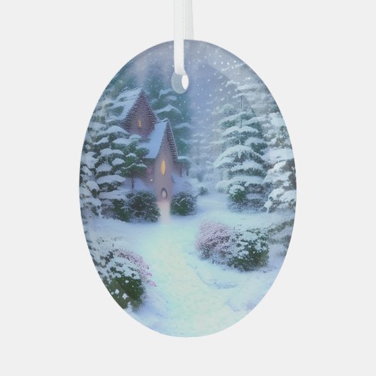 Ethereal Winterszene Kinkade Inspiriert Ornament Aus Glas (Vorderseite links)