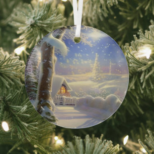 Ethereal Winterszene Kinkade Inspiriert Ornament Aus Glas