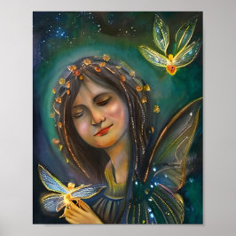 Ethereal Woman Holding Gold Fairylike Butterflies Poster