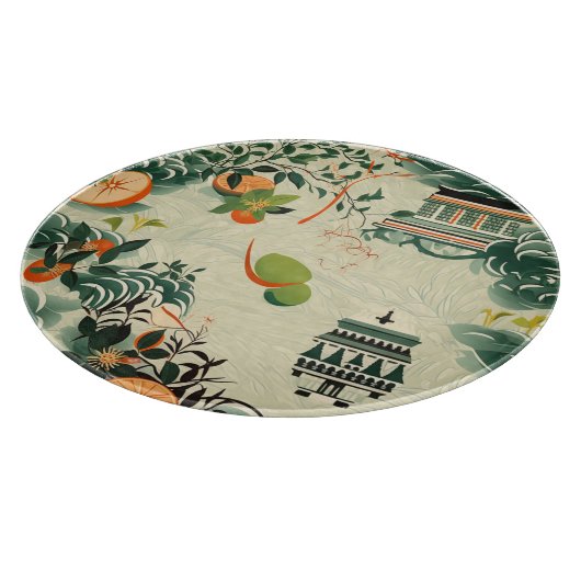 Ethereales Orangenmuster mit Zen-Tempeln Schneidebrett (Ecke)