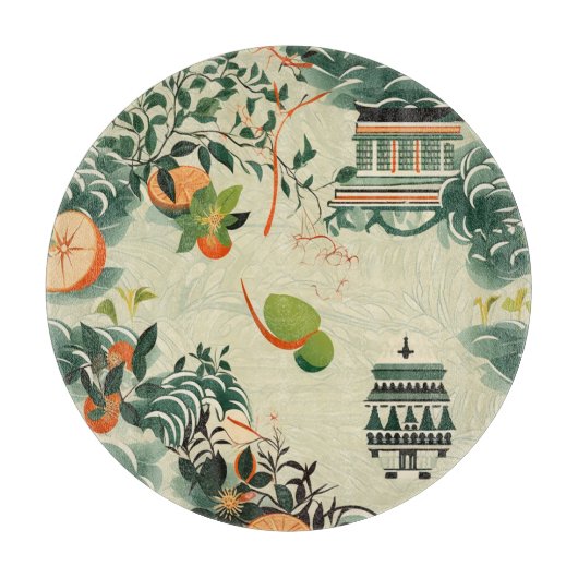 Ethereales Orangenmuster mit Zen-Tempeln Schneidebrett (Vorderseite)