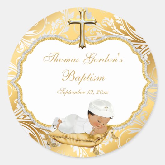 Ethnic Baby Boy Baptisc Gold Cross Runder Aufkleber (Vorderseite)