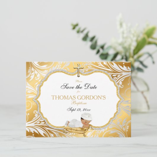 Ethnic Baby Boy Baptisse Rett Date Gold Cross Save The Date (Stehend Vorderseite)
