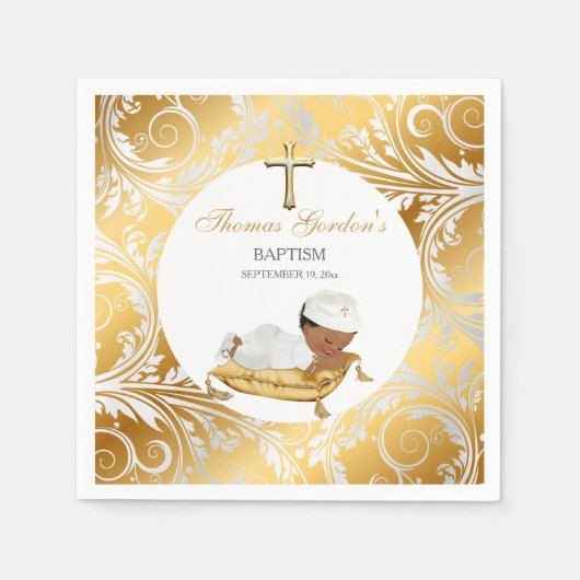 Ethnic Baby Boy Christening Taufe Gold Silver Serviette (Vorderseite)