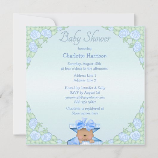 Ethnic Baby Boy in Geschenkboxen und Rose Babydusc Einladung (Rückseite)