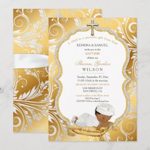 Ethnic Baby Boy Taufe Christening Gold Cross Einladung
