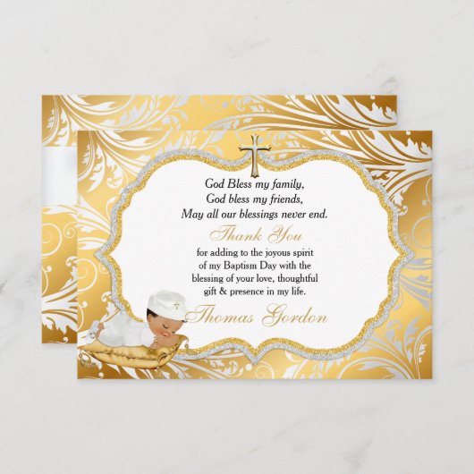 Ethnic Baby Boy Taufe Gold Cross Vielen Dank Dankeskarte (Vorne/Hinten)
