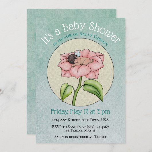 Ethnic Baby Fairy in Blume Kinderdusche Einladung (Vorne/Hinten)