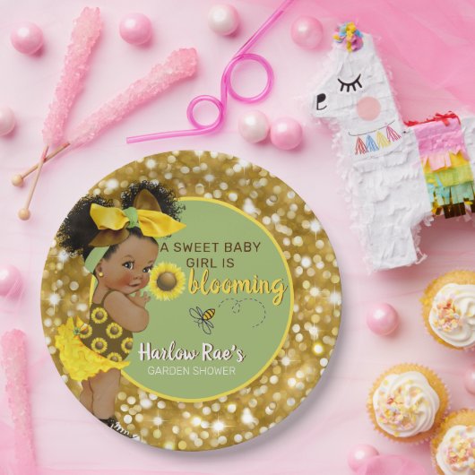 Ethnic Baby Girl | Gelbe Sonnenblume Gold Glitzer Pappteller (Party)