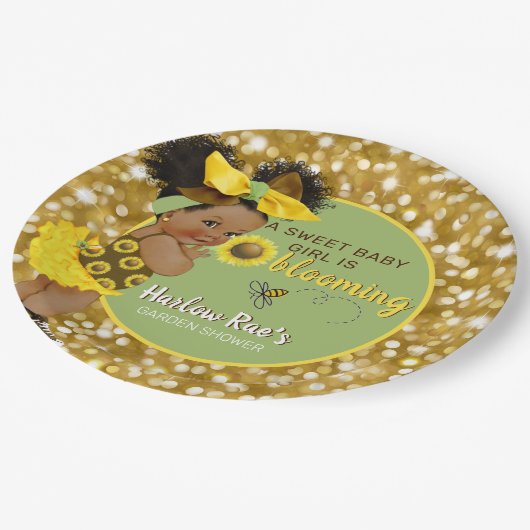 Ethnic Baby Girl | Gelbe Sonnenblume Gold Glitzer Pappteller (Schrägansicht)