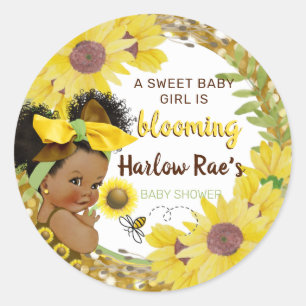 Ethnic Baby Girl Gelbe Sonnenblume Gold Glitzer Runder Aufkleber