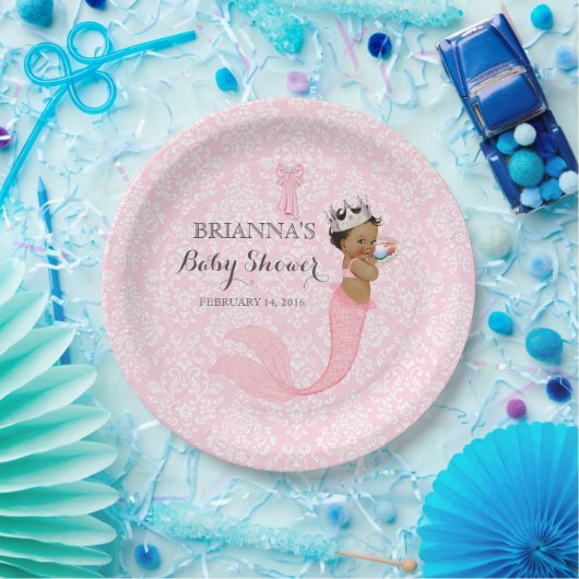 Ethnic Baby Girl Mermaid Princess Crown Damask Pappteller (Party)