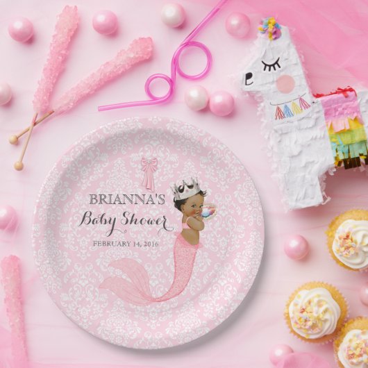 Ethnic Baby Girl Mermaid Princess Crown Damask Pappteller (Party)