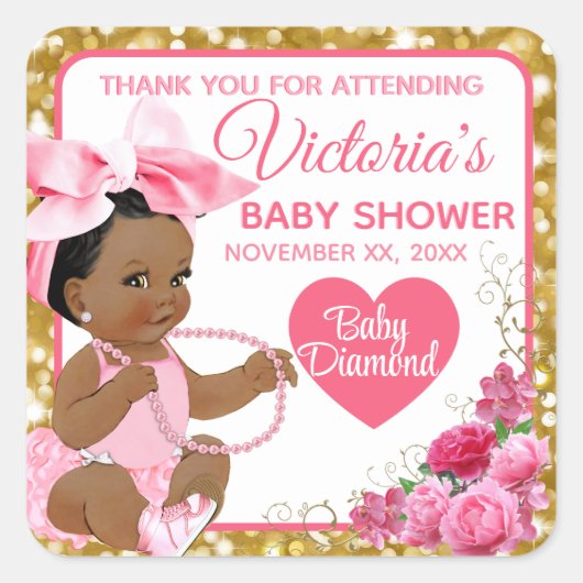 Ethnic Baby Girl Pink & Gold Baby Dusche Quadratischer Aufkleber (Vorderseite)