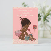 Ethnic Baby on Phone Baby Dusche Save the Date (Stehend Vorderseite)