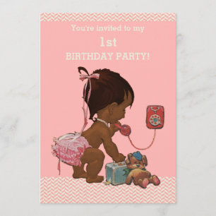 Ethnic Baby on Phone Pink Chevrons 1. Geburtstag Einladung