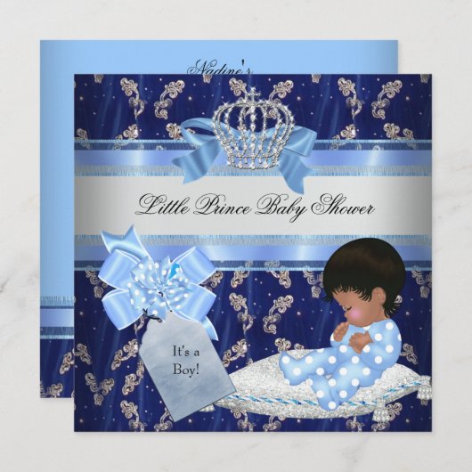 Ethnic Baby Shower Boy Blue Little Prince Crown Einladung (Vorne/Hinten)