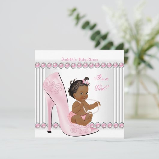 Ethnic Baby Shower Girl Pink Pearl High Heel Schuh Einladung (Stehend Vorderseite)
