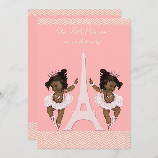 Ethnic Ballerina Twins Eiffel Tower Baby Dusche Einladung (Vorne/Hinten)
