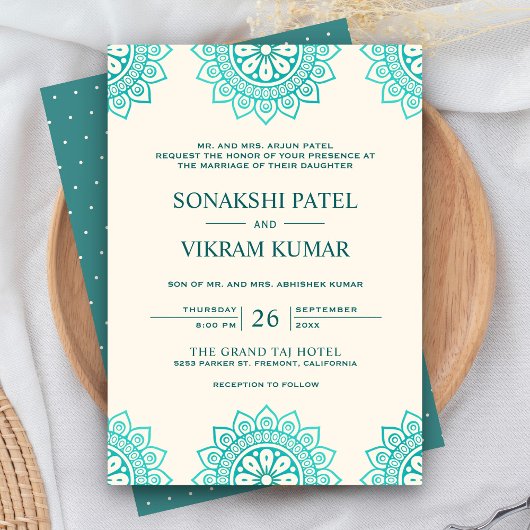 Ethnic Beige und Aquamarine Mandala Indian Wedding Einladung