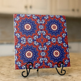 Ethnic Blue Red White Mosaic Geometric Muster Fliese