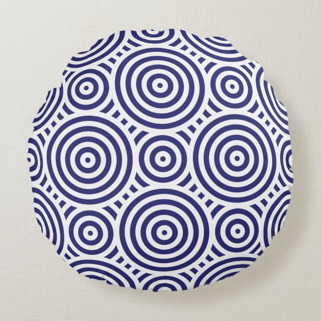Ethnic Blue & White Geometric Circle Muster Rundes Kissen (Vorderseite)