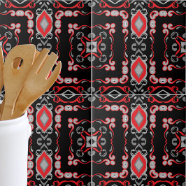 Ethnic Boho Folk Art Mosaik Black Red Gray Muster Fliese