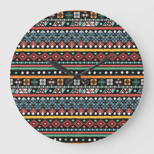Ethnic Boho: Geometrische Pixel Print Große Wanduhr