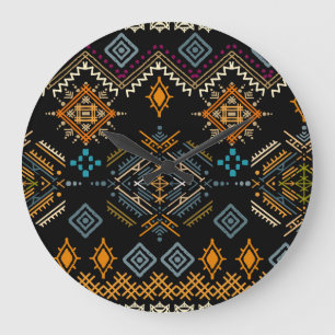 Ethnic Boho Ornament Nahtloses Muster Große Wanduhr