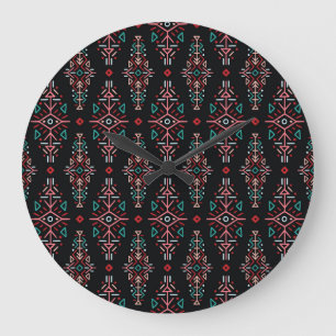 Ethnic Boho Tiles: Vintages nahtloses Muster Große Wanduhr