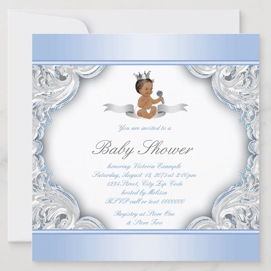 Ethnic Boy Baby Blue Silver Prince Baby Dusche Einladung