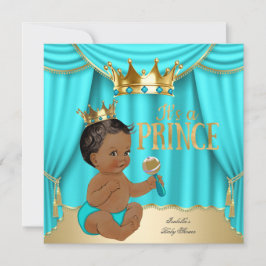 Ethnic Boy Baby Dusche Prince Aqua Blue Gold Crown Einladung
