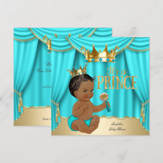 Ethnic Boy Baby Dusche Prince Aqua Blue Gold Crown Einladung