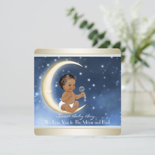 Ethnic Boy Moon and Back Baby Dusche Einladung (Stehend Vorderseite)