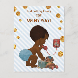 Ethnic Boy on Phone Stripes Gold Dots Baby Dusche Einladung