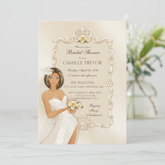 Ethnic Bride Ivory Satin Wedding Rose Einladung (Stehend Vorderseite)