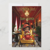Ethnic Cute Girl Baby Shower 1920s Red Art deco Einladung (Vorderseite)