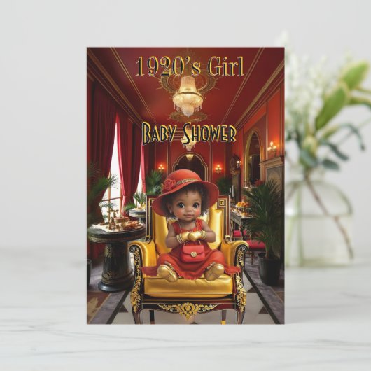 Ethnic Cute Girl Baby Shower 1920s Red Art deco Einladung (Stehend Vorderseite)