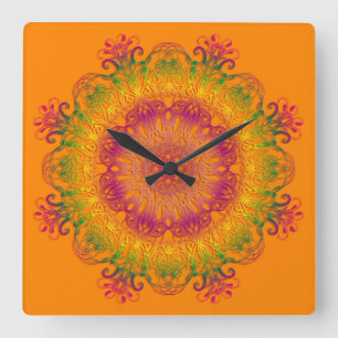 Ethnic floral mandala on orange background. quadratische wanduhr