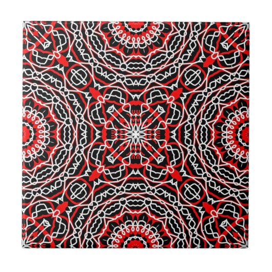 Ethnic Folk Bohemisch Red Black and White Pattern Fliese (Vorderseite)